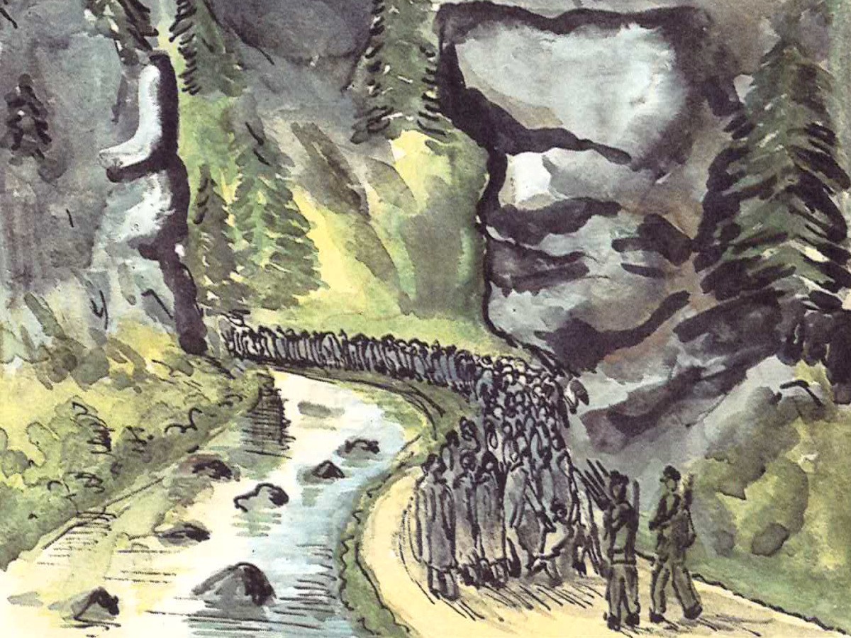 Todesmarsch aus Schwarzheide beim Eintritt in das Khaatal in der Böhmischen Schweiz